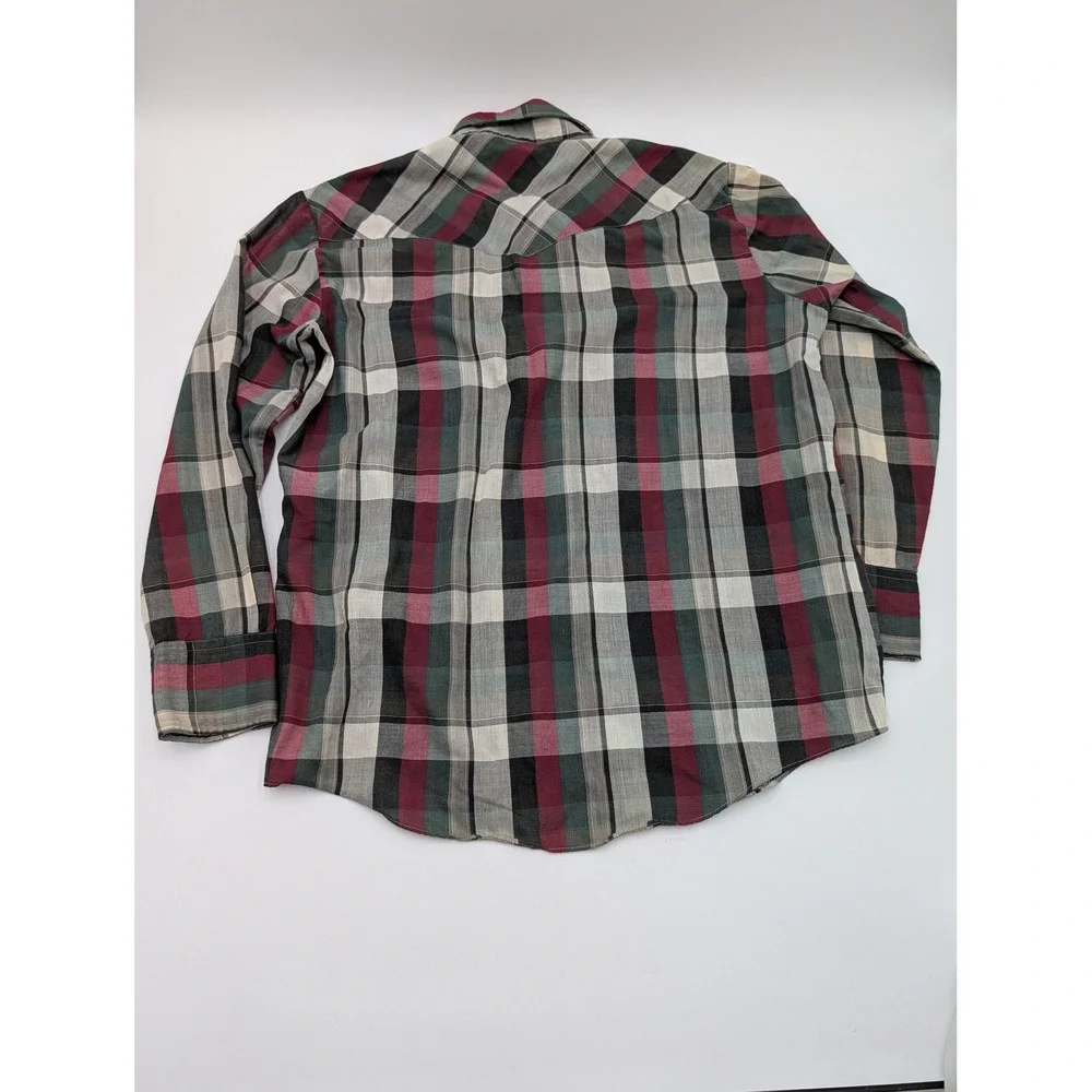 Ely Plains Vintage Western Pearl Snap Plaid Shirt Burgundy Green Mens 16.5 x‎ 34